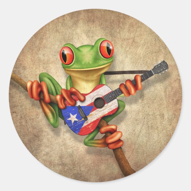 Tree Frog Playing Puerto Rico Flag Guitar Runder Aufkleber (Vorderseite)
