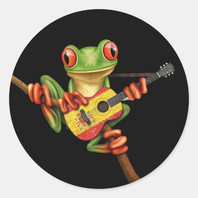Tree Frog Playing Spanische Flag Gitarre Schwarz Runder Aufkleber (Vorderseite)