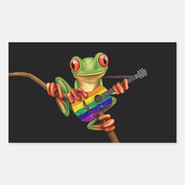 Tree Frog Rainbow Flag Gitarre Schwarz Rechteckiger Aufkleber (Vorderseite)