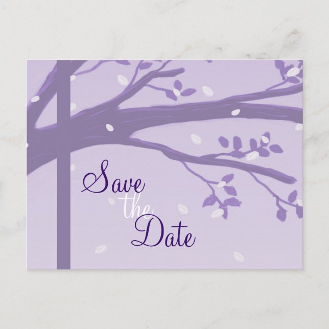 Tree in Silhouette Lila Save the Date Postkarte (Vorderseite)