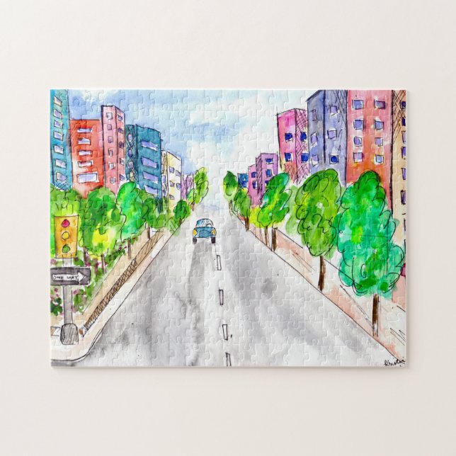 Tree Lined Street Watercolor Tinte Illustration Ar (Horizontal)