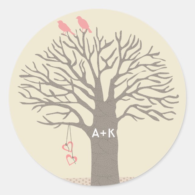 Tree Love Birds Liebe Initials Custom Sticker Roun (Vorderseite)