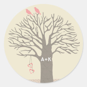 Tree Love Birds Liebe Initials Custom Sticker Roun