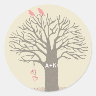 Tree Love Birds Liebe Initials Custom Sticker Roun