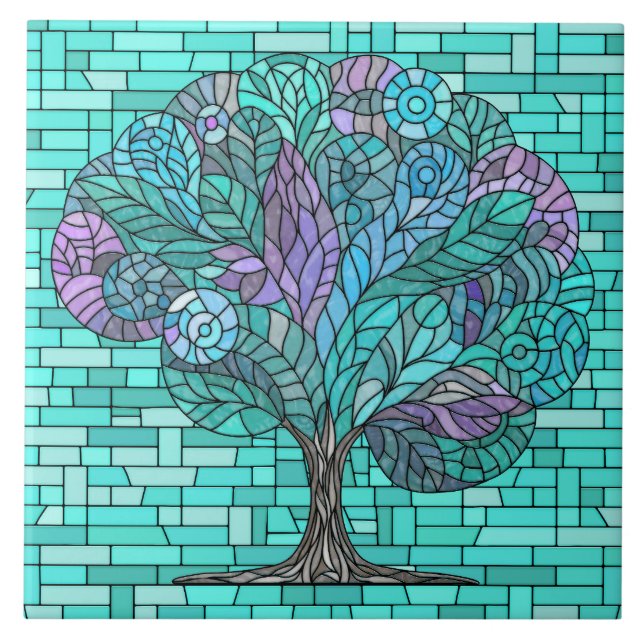 Tree Mosaic Art -Turquoise and Purple Fliese (Vorderseite)