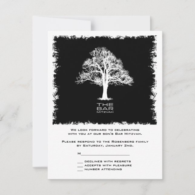 Tree of Life Bar Mitzvah Reply Card Black RSVP Karte (Vorderseite)