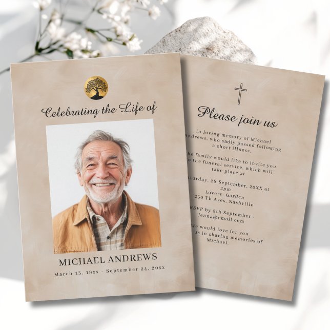 Tree of Life - Celebration of Life Funeral Photo  Einladung (Tree of Life - Celebration of Life  Funeral Photo Cross Beige Invitation)
