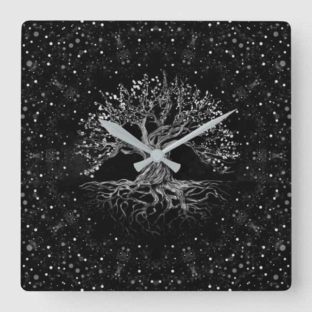 Tree of Life Drawing Black and White Quadratische Wanduhr (Vorderseite)