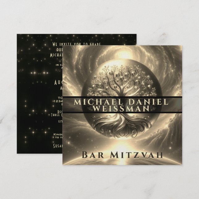 Tree of Life Gold und Black Bar Mitzvah Einladung (Vorne/Hinten)