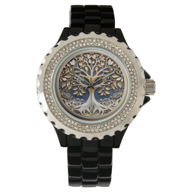 Tree of Life Gold White Navy Blue Armbanduhr (Vorderseite)