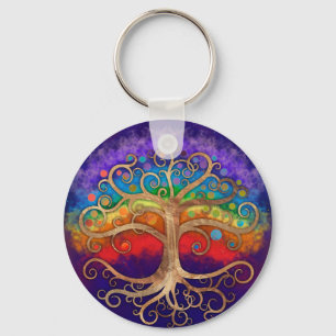 Tree of life Golden Swirl and Rainbow Schlüsselanhänger