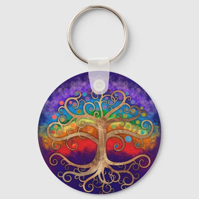 Tree of life Golden Swirl and Rainbow Schlüsselanhänger (Vorderseite)