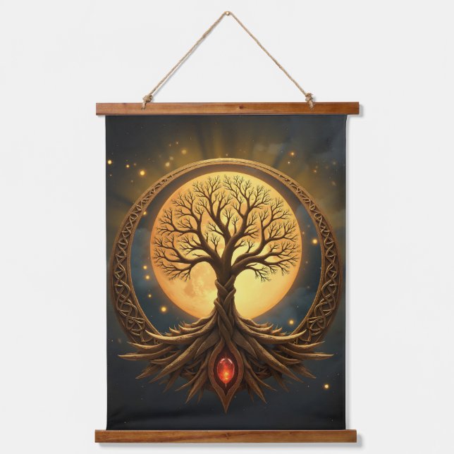 Tree of Life – Moonlit Enlightenment Wandteppich Mit Holzrahmen (Vorderseite)