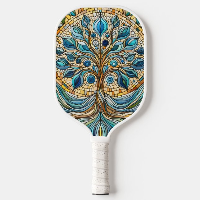 Tree of Life Shattered Glass Mosaic Aqua Blues  Pickleball Schläger (Vorderseite)