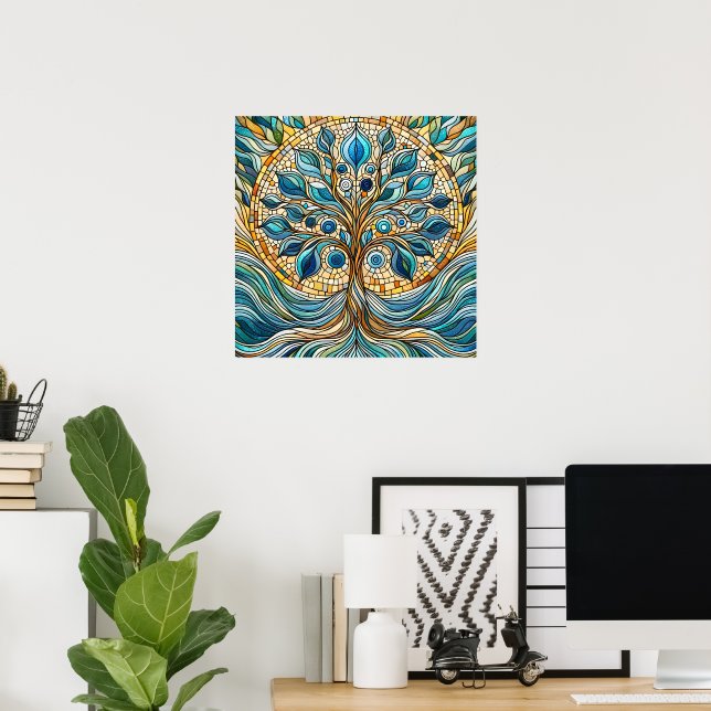 Tree of Life Shattered Glass Mosaic Aqua Blues  Poster (Heimbüro)