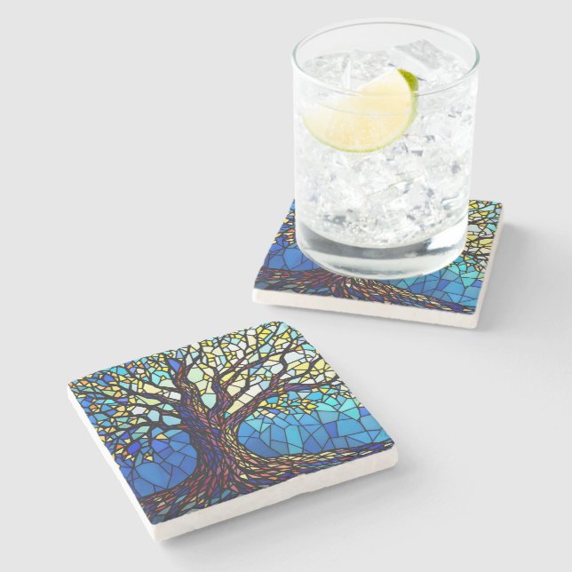 Tree of Life Shattered Glass Mosaic Steinuntersetzer (Seitenansicht)