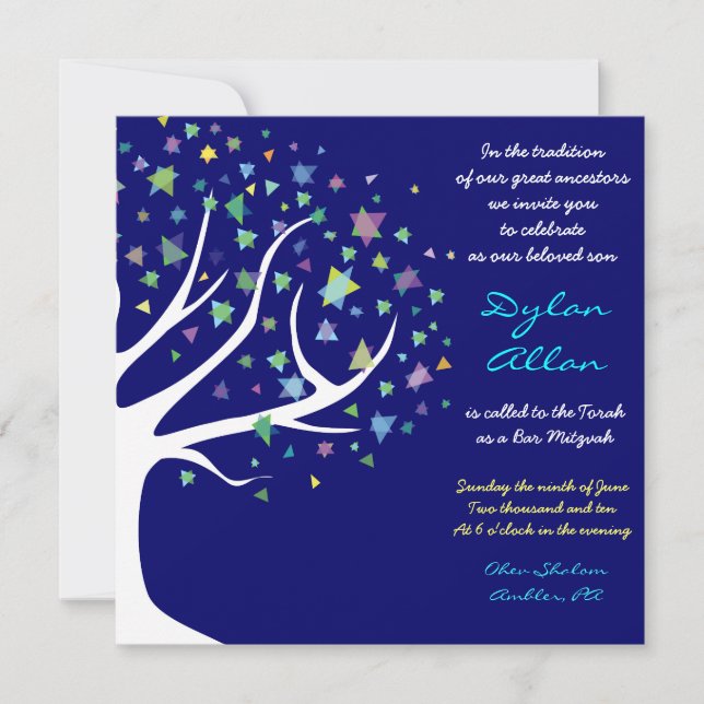 Tree of Life Stars Bar Mitzvah Invitation Blue (Devant)