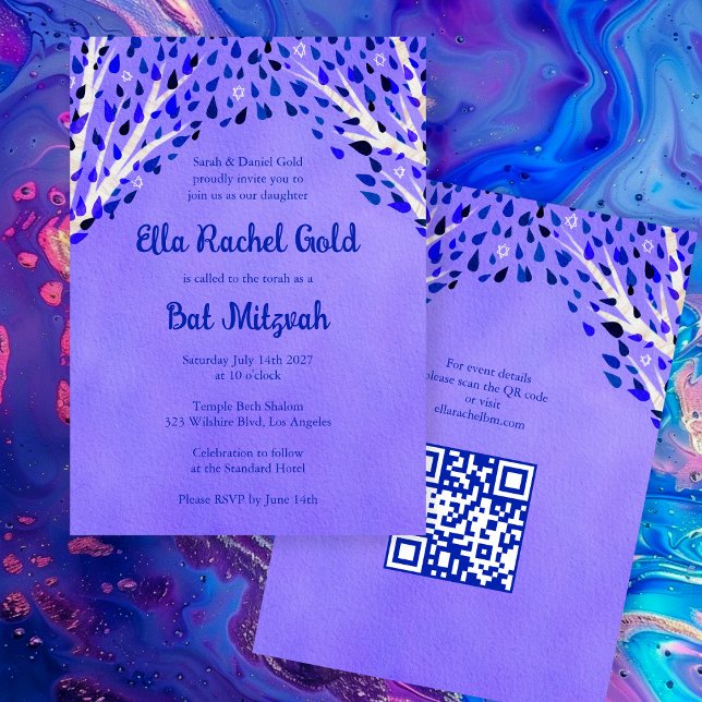 Tree of Life Stars Custom Bat Bar Mitzvah QR Code Einladung (Tree of Life Stars Custom Bat Bar Mitzvah QR Code Girl Watercolor Purple Invitation
)