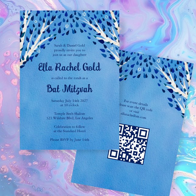 Tree of Life Stars Custom Bat Bar Mitzvah QR Code Einladung (Tree of Life Stars Custom Bat Bar Mitzvah QR Code Watercolor Modern Invitation
)