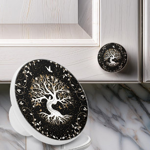 Tree of Life - Yggdrasil - black white and gold Keramikknauf