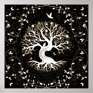 Tree of Life - Yggdrasil - black white and gold Poster