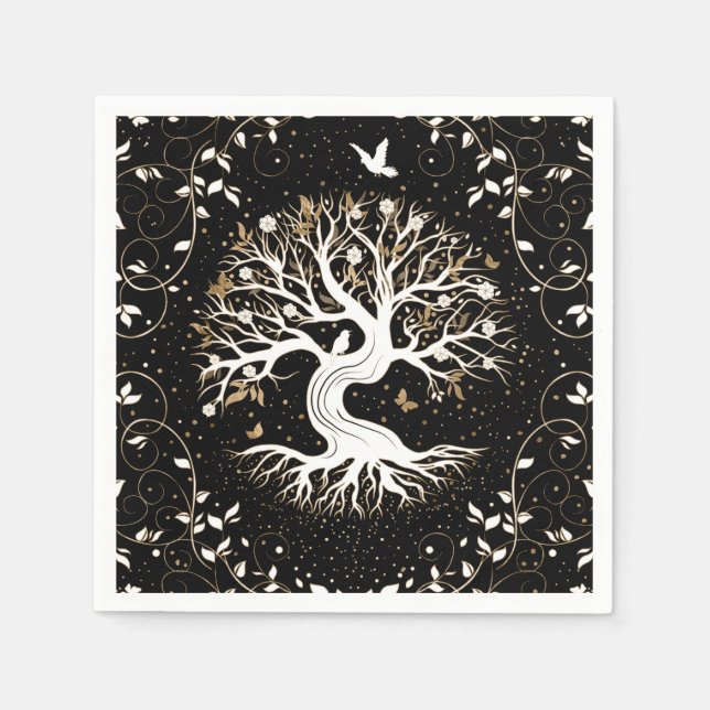 Tree of Life - Yggdrasil - black white and gold Serviette (Vorderseite)