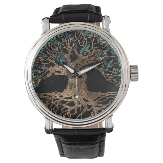 Tree of life - Yggdrasil Golden and Marble ornamen Armbanduhr (Vorderseite)