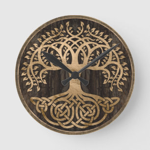 Tree of life -Yggdrasil - Wood Bark and Gold Runde Wanduhr