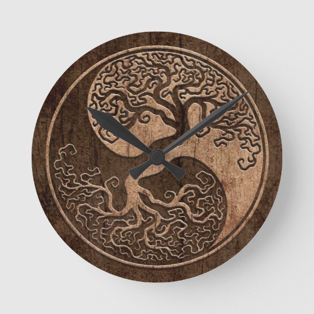 Tree of Life Yin Yang with Wood Grain Effect Runde Wanduhr (Vorderseite)