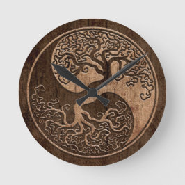 Tree of Life Yin Yang with Wood Grain Effect Runde Wanduhr