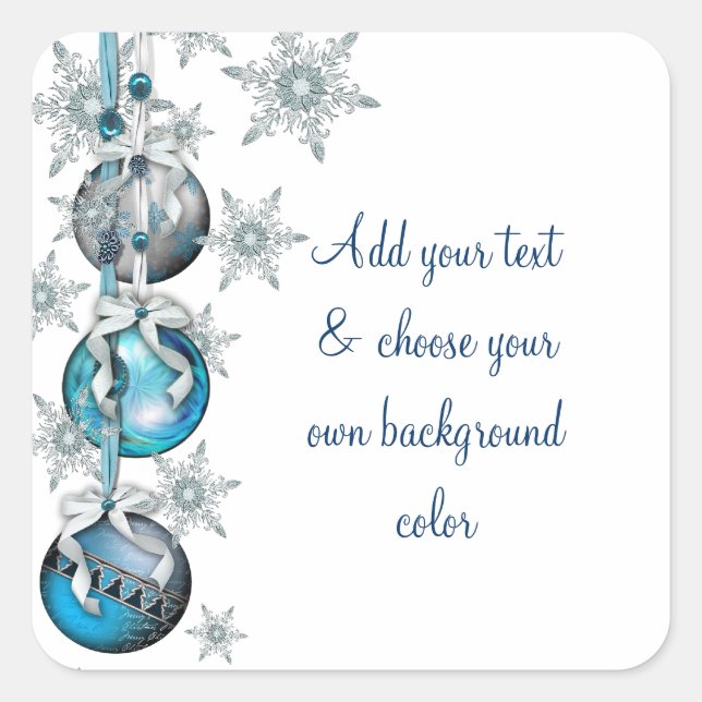 Tree Ornaments Blue Snowflakes Weihnachtsaufkleber Quadratischer Aufkleber (Vorderseite)