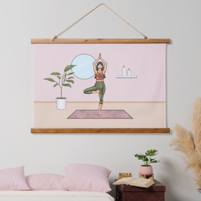 Tree Pose Yoga Stretch Training Frauen Wandteppich Mit Holzrahmen (Schlafzimmer)