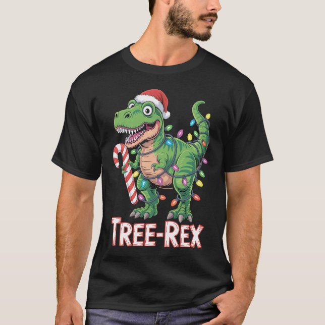 Tree-Rex – T-Rex mit Zuckerstange & Lichtern T-Shirt (Vorderseite)