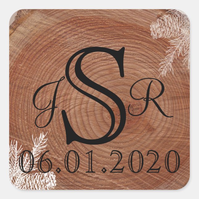 Tree Rings Rustic Country Wedding Monogram Quadratischer Aufkleber (Vorderseite)