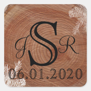 Tree Rings Rustic Country Wedding Monogram Quadratischer Aufkleber