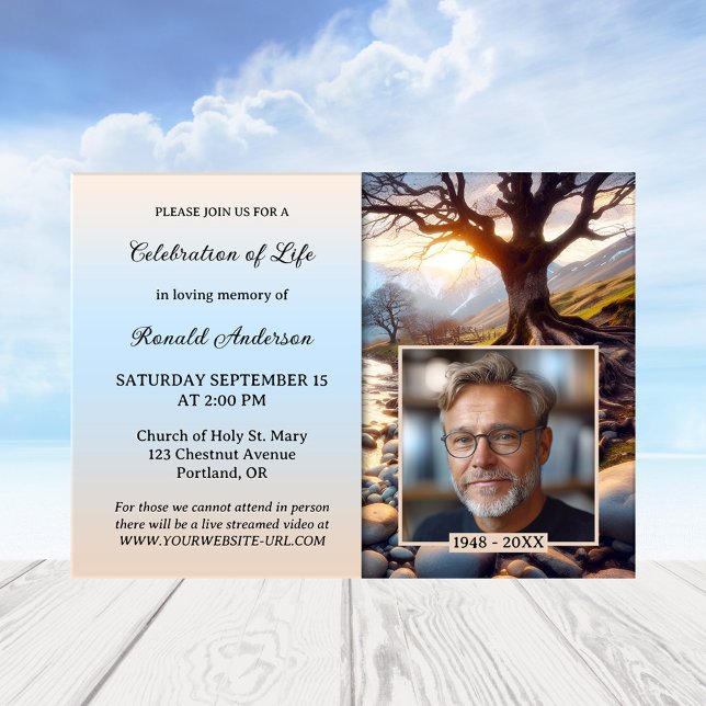 Tree River of Life Geem Foto Feier des Lebens Einladung (A memorial or celebration of life service invitation featuring a tree and river with a custom poem)