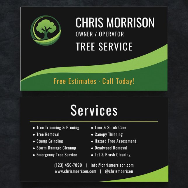 Tree Service Arborist Black Green  Visitenkarte (Von Creator hochgeladen)