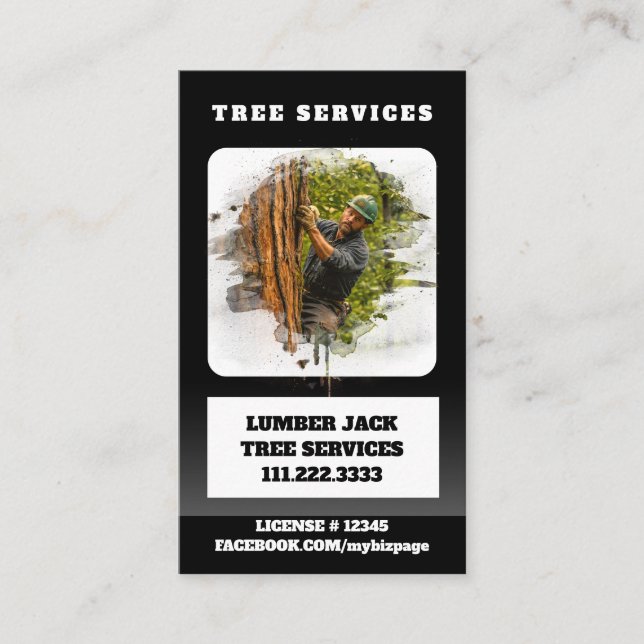 *~* Tree Services Lumber Jack Man QR Tree Trunk Visitenkarte (Vorderseite)