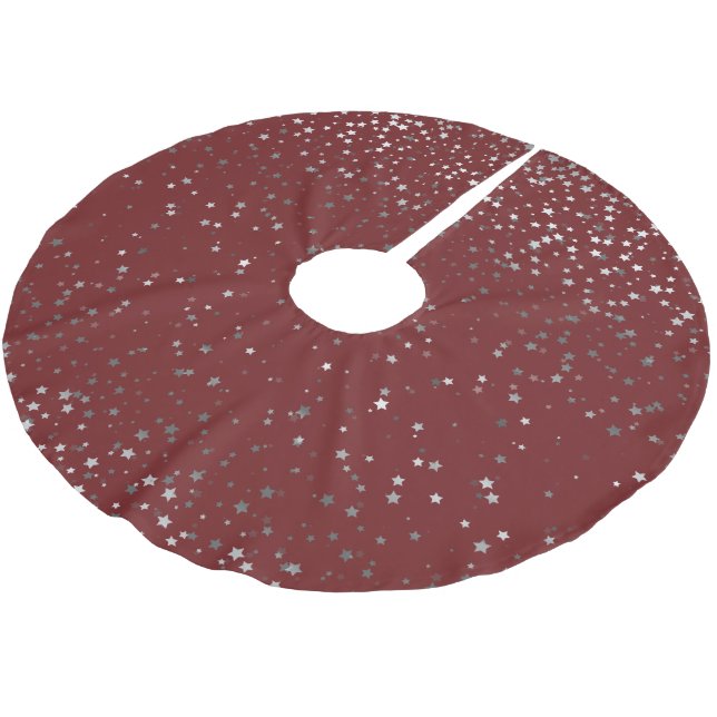 Tree Skirt-Silver-Gray Stars Crimson Polyester Weihnachtsbaumdecke (Schrägansicht)