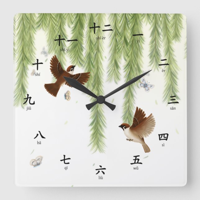 Tree Sparrows Chinese Numbers with Pinyin Phonetic Quadratische Wanduhr (Vorderseite)