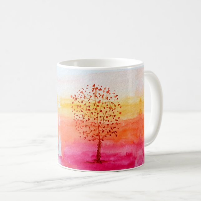 Tree Sunset Wasserfarbe Handgestrichen Kaffeetasse (VorderseiteRechts)