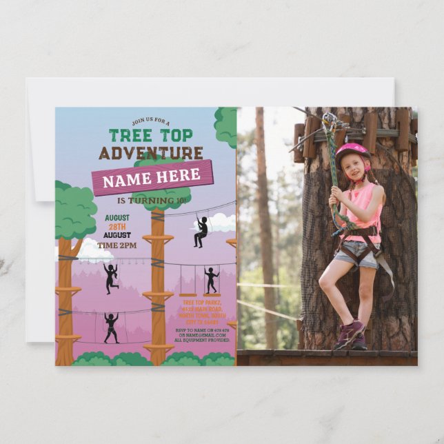 Tree Top Birthday Adventure Park Pink Girl Foto Einladung (Vorderseite)