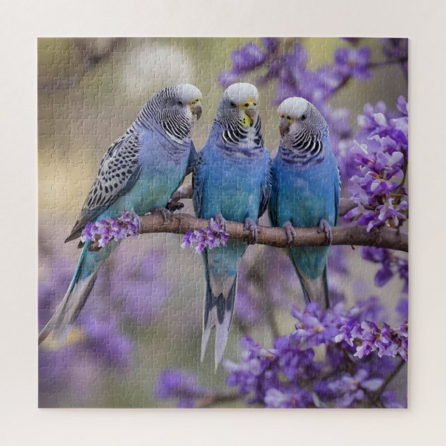 Tree Top Chatter: Blue Budgies in Jacaranda Tree, (Vertikal)