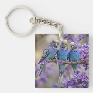Tree Top Chatter: Blue Budgies in Jacaranda Tree, Schlüsselanhänger