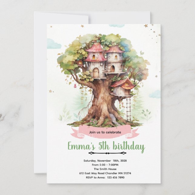 Treehouse girl party invitation (Devant)