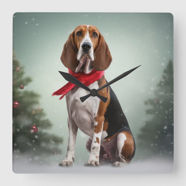 Treeing Walker Coonhound Hund in Schnee Weihnachte Quadratische Wanduhr (Vorderseite)
