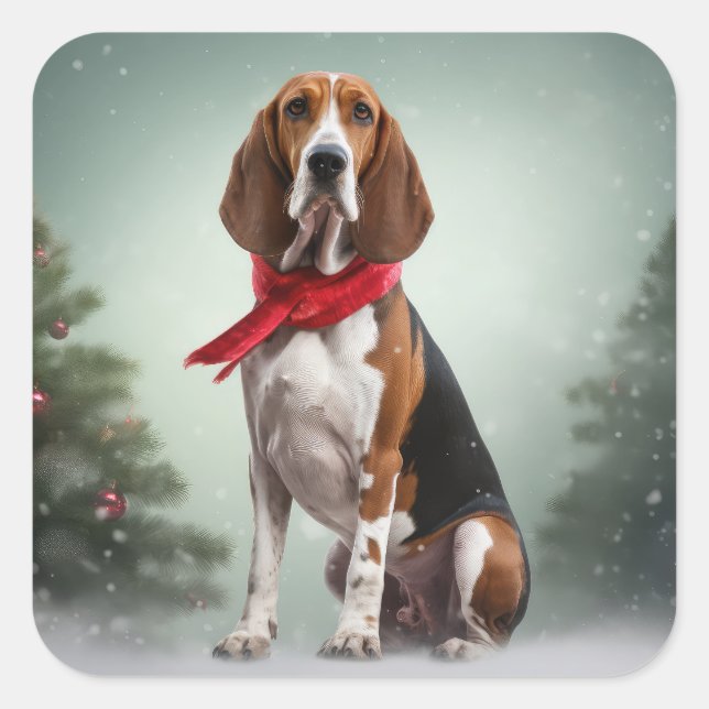 Treeing Walker Coonhound Hund in Schnee Weihnachte Quadratischer Aufkleber (Vorderseite)