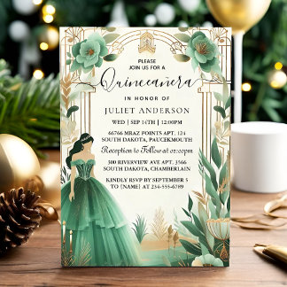 Trees Gold Mint Glam Emerald Green Quinceanera Einladung