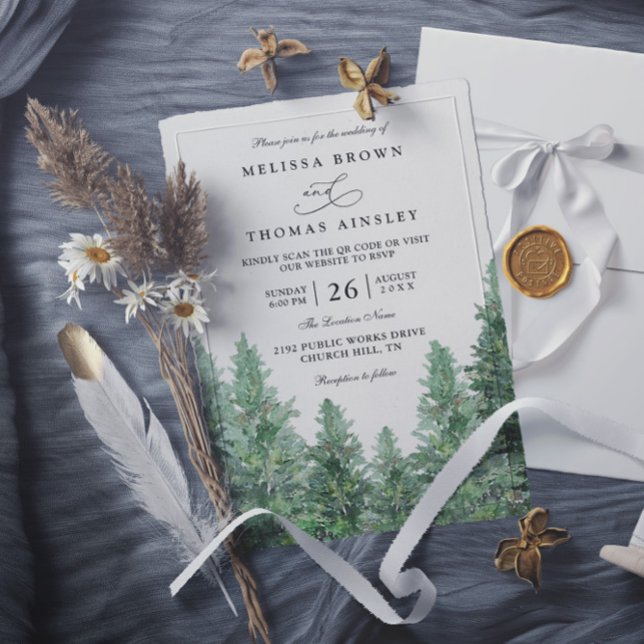 Trees Pine Forest Rustic Elegant QR Code Wedding Einladung (Von Creator hochgeladen)