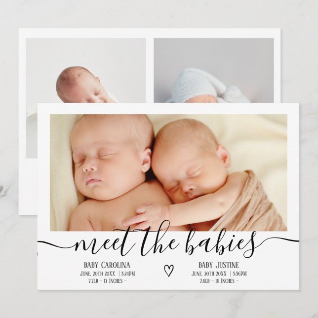 Treffen Sie Babys Skript Herz 3 Foto Baby Zwilling Ankündigung (Vorne/Hinten)